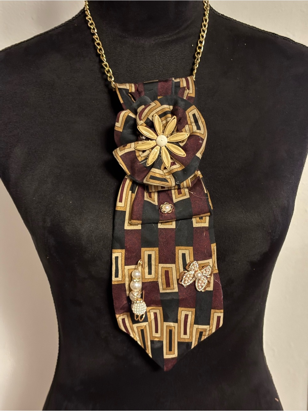 Gold-Accent Floral Statement Necklace Tie in Burgundy and Black